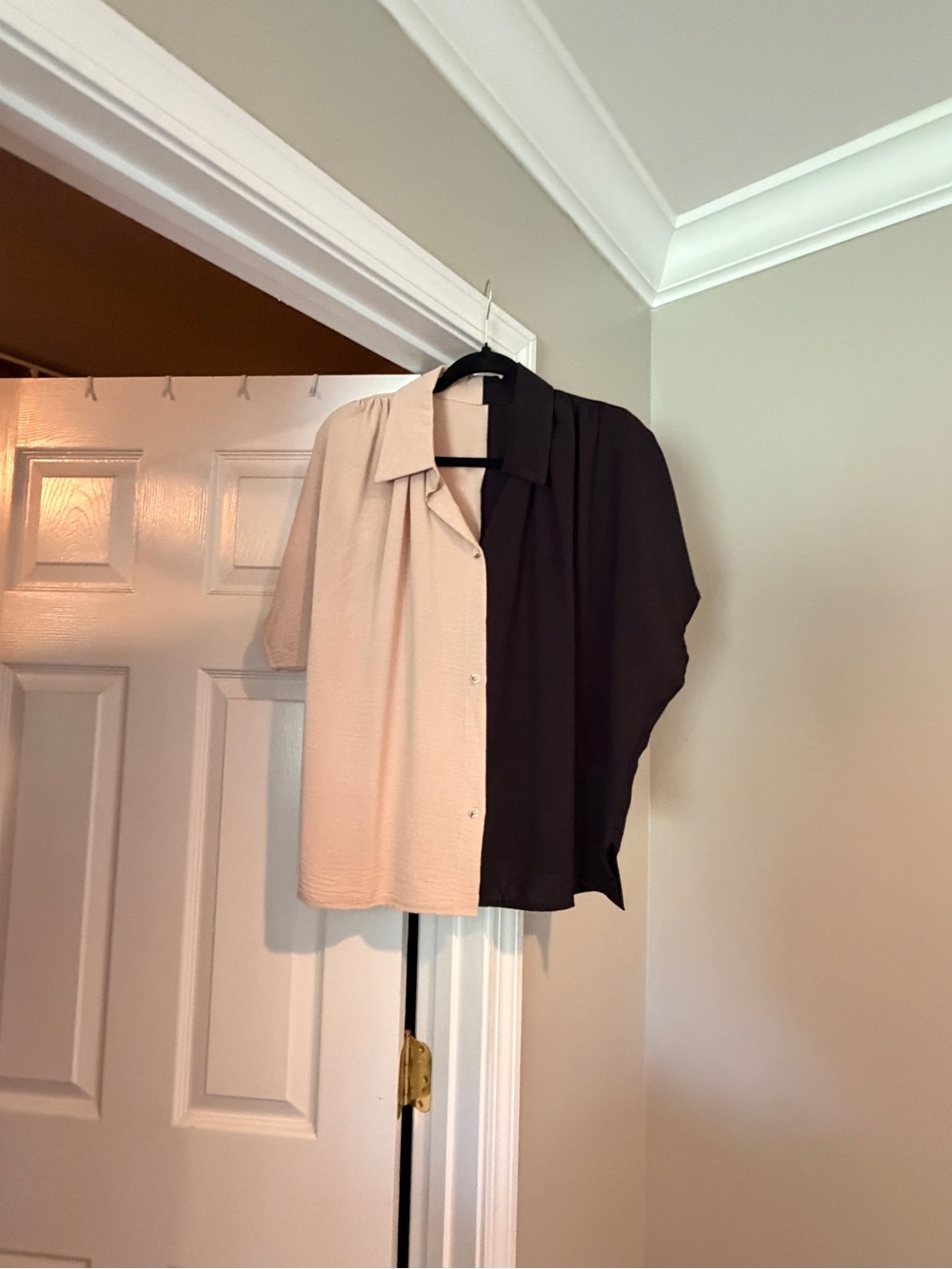 Two-Tone Beige and Black Button-Up Blouse